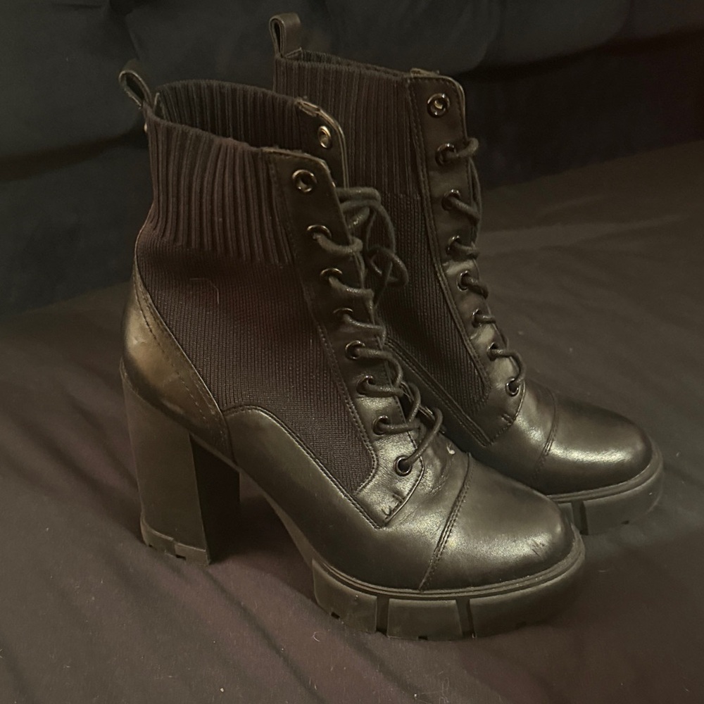 Aldo Black Lace Up Chunky Heel Boots